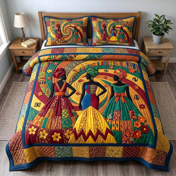 Golden Queen quilted 3-piece bedding set on a made bed with two matching pillow shams