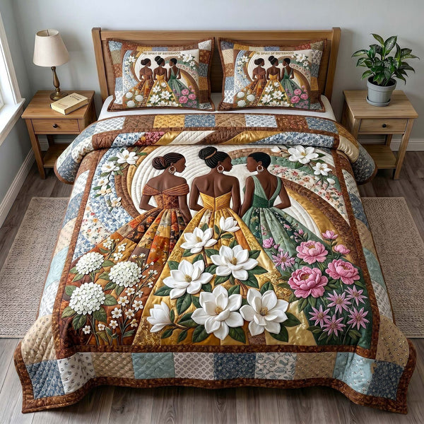 Golden Queen quilted 3-piece bedding set on a made bed with two matching pillow shams