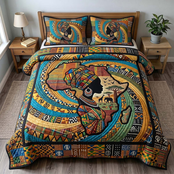 Golden Queen quilted 3-piece bedding set on a made bed with two matching pillow shams