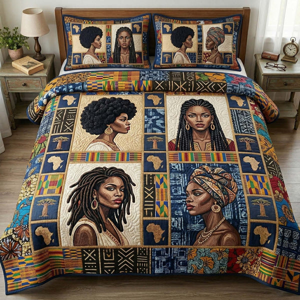 Golden Queens quilted 3-piece bedding set on a made bed with two matching pillow shams
