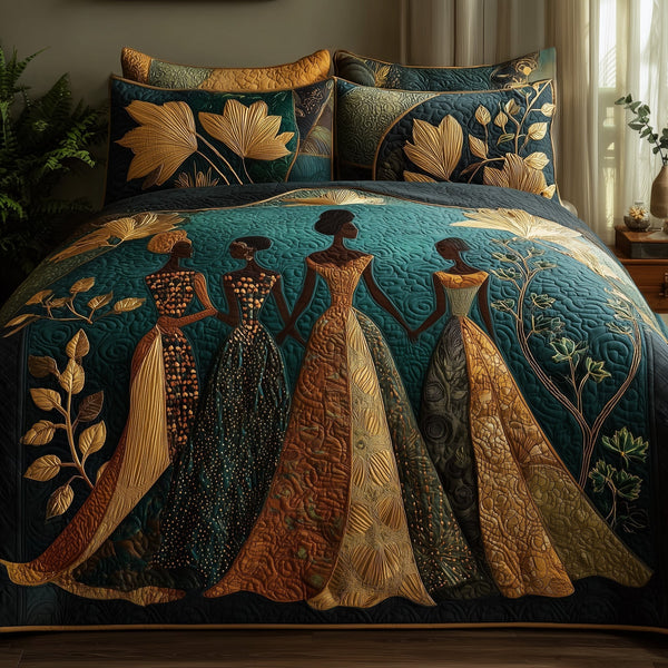 Golden Queens quilted 3-piece bedding set on a made bed with two matching pillow shams
