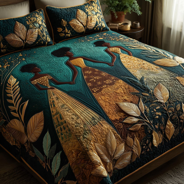 Golden Queens quilted 3-piece bedding set on a made bed with two matching pillow shams