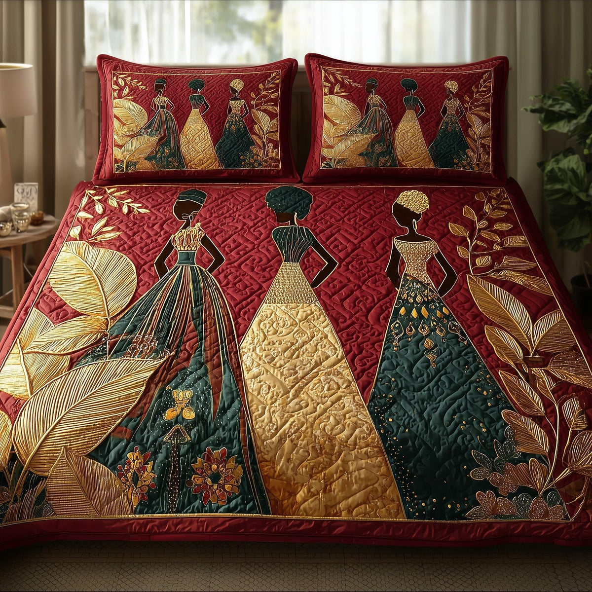 Golden Queens quilted 3-piece bedding set on a made bed with two matching pillow shams