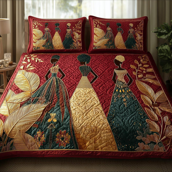 Golden Queens quilted 3-piece bedding set on a made bed with two matching pillow shams