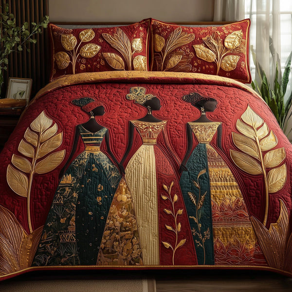 Golden Queens quilted 3-piece bedding set on a made bed with two matching pillow shams