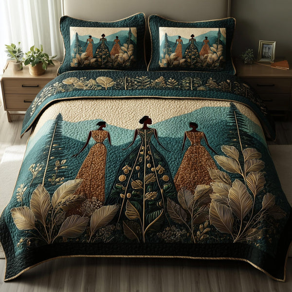 Golden Queens quilted 3-piece bedding set on a made bed with two matching pillow shams