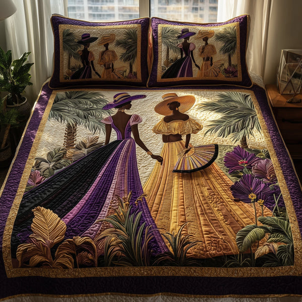 Golden Queens quilted 3-piece bedding set on a made bed with two matching pillow shams