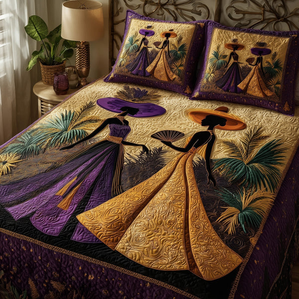 Golden Queens quilted 3-piece bedding set on a made bed with two matching pillow shams