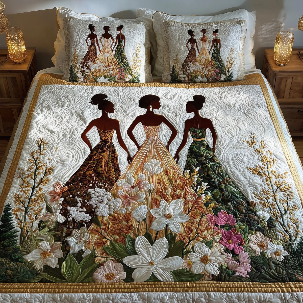 Golden Queens quilted 3-piece bedding set on a made bed with two matching pillow shams