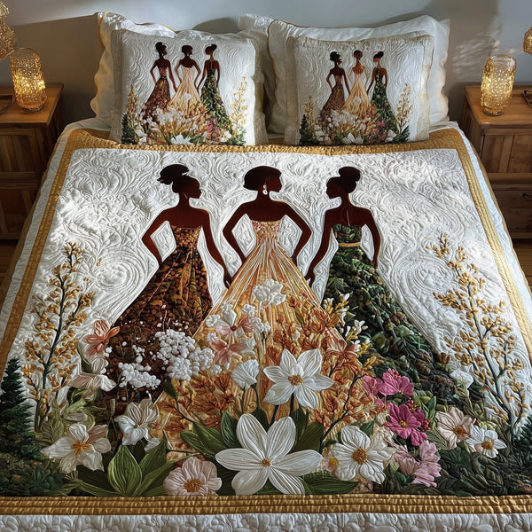 Golden Queens quilted 3-piece bedding set on a made bed with two matching pillow shams