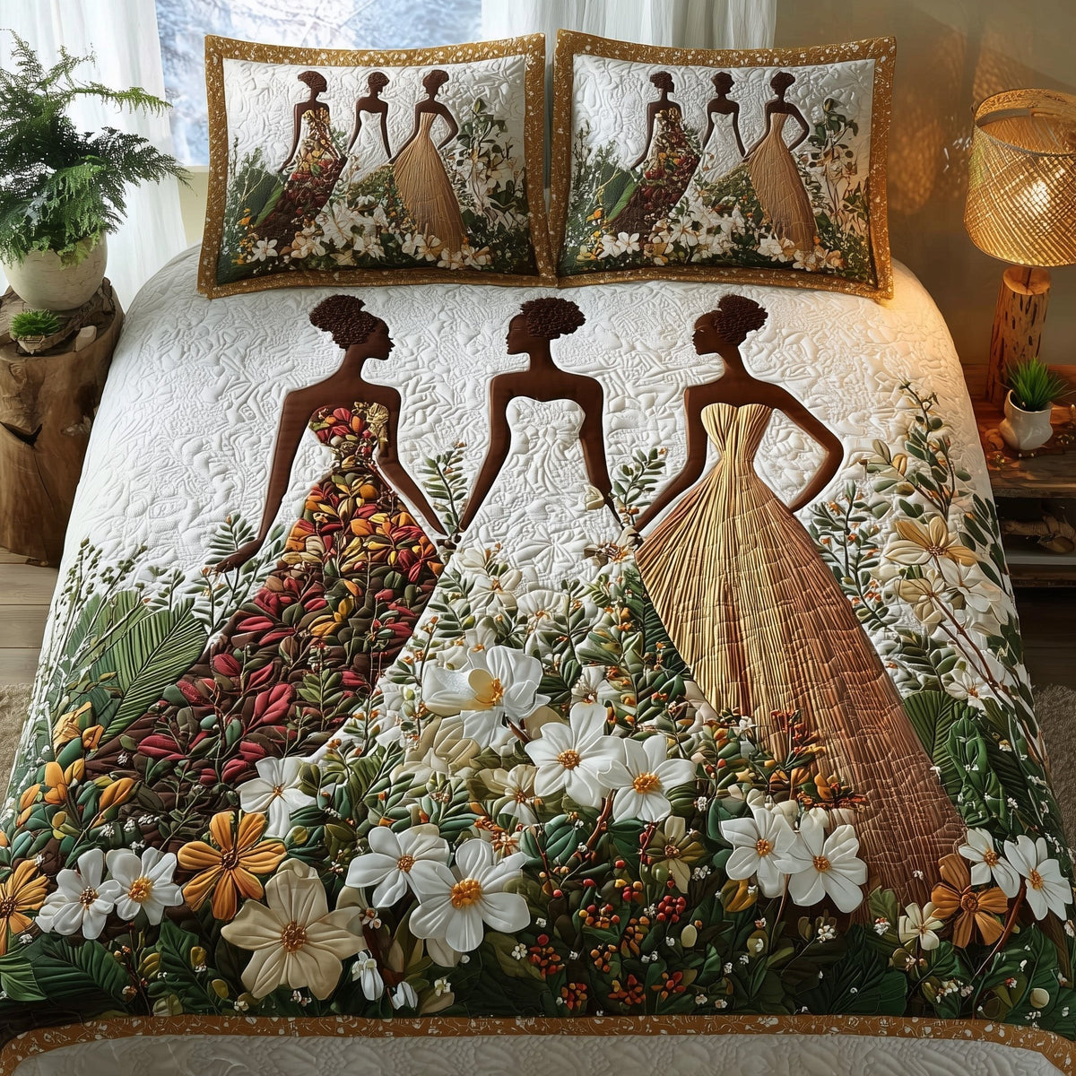Golden Queens quilted 3-piece bedding set on a made bed with two matching pillow shams