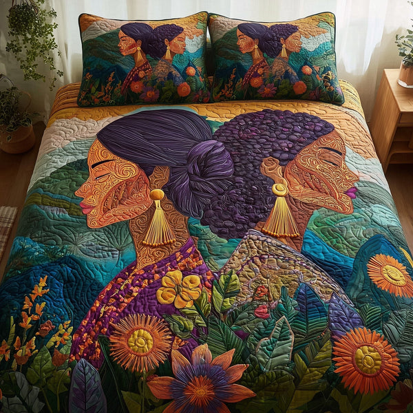 Golden Queens quilted 3-piece bedding set on a made bed with two matching pillow shams