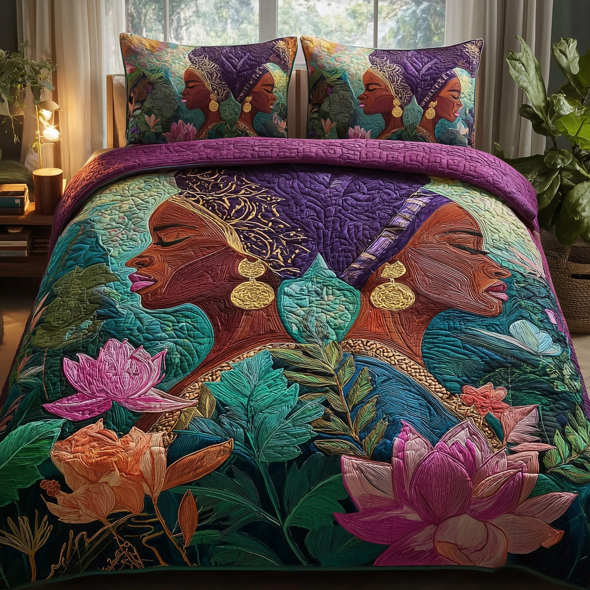 Golden Queens quilted 3-piece bedding set on a made bed with two matching pillow shams