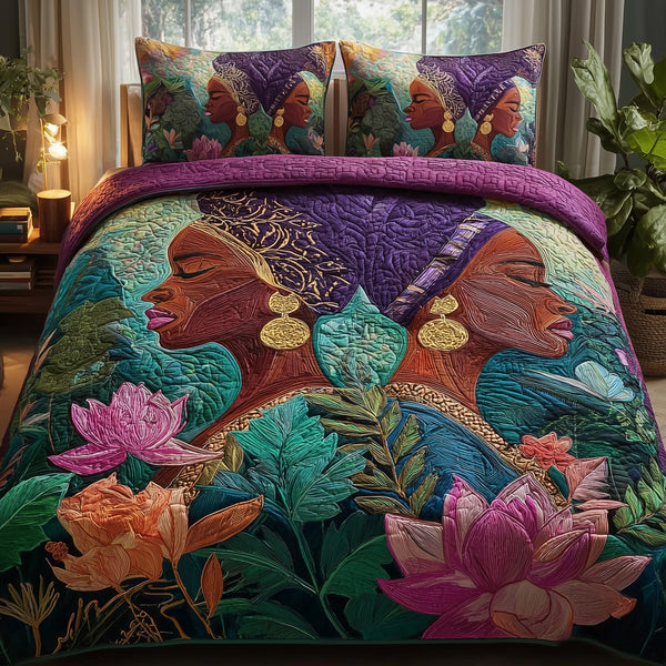 Golden Queens quilted 3-piece bedding set on a made bed with two matching pillow shams