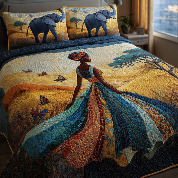 Golden Queens quilted 3-piece bedding set on a made bed with two matching pillow shams