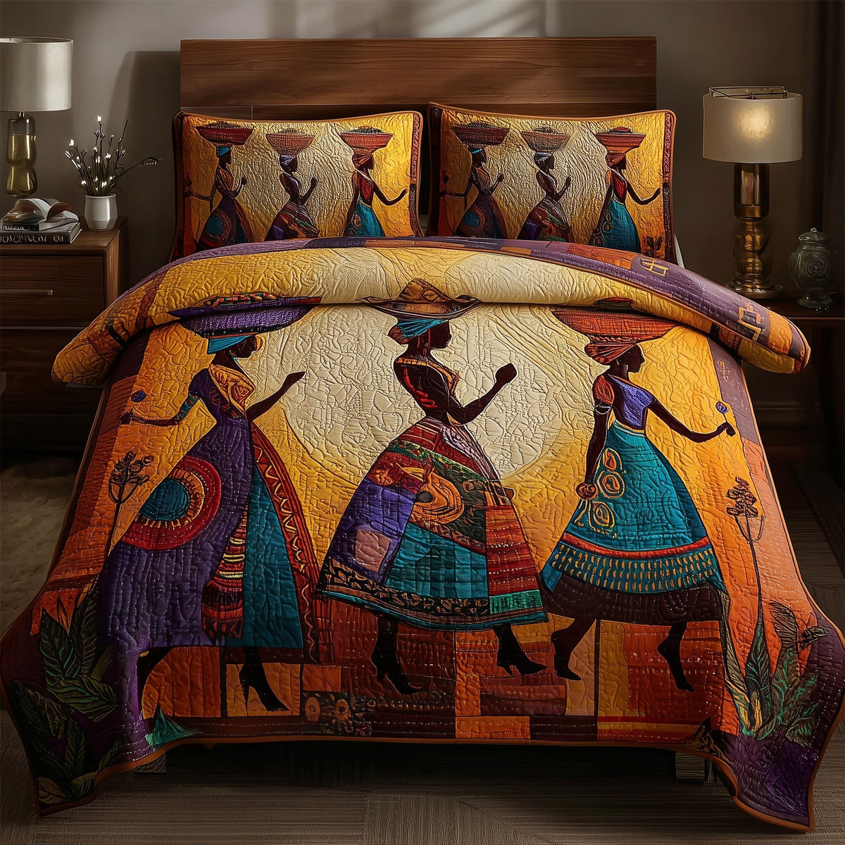 Golden Queens quilted 3-piece bedding set on a made bed with two matching pillow shams