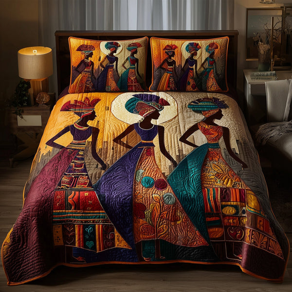Golden Queens quilted 3-piece bedding set on a made bed with two matching pillow shams