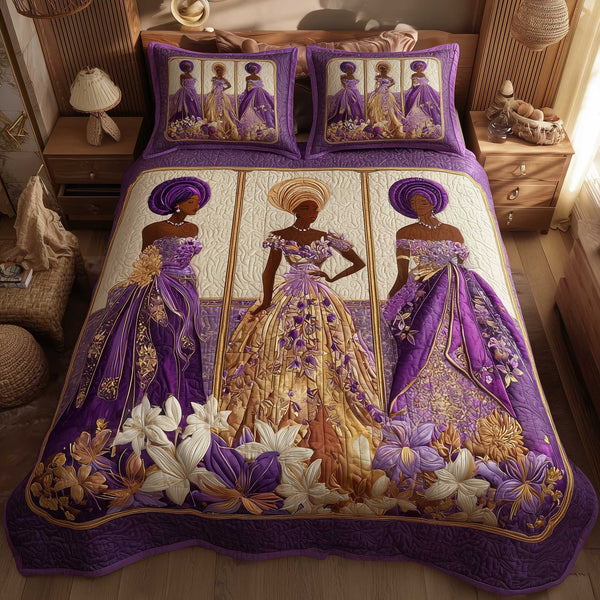 Golden Queens quilted 3-piece bedding set on a made bed with two matching pillow shams