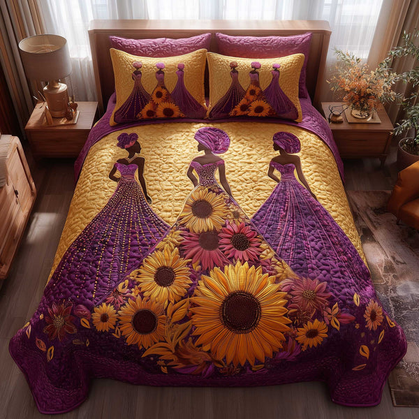 Golden Queens quilted 3-piece bedding set on a made bed with two matching pillow shams