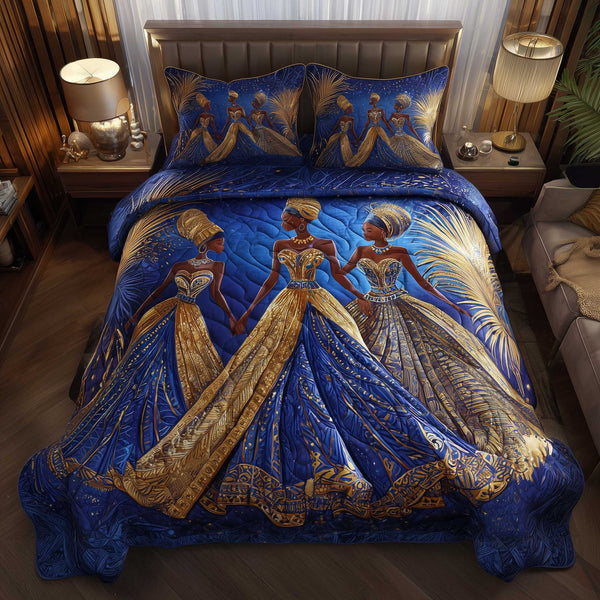 Golden Queens quilted 3-piece bedding set on a made bed with two matching pillow shams