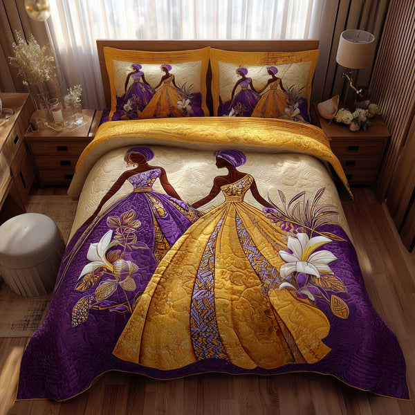 Golden Queens quilted 3-piece bedding set on a made bed with two matching pillow shams