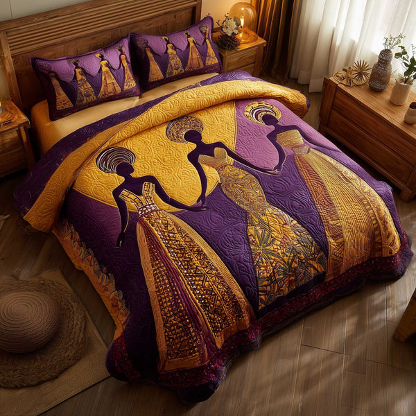 Golden Queens quilted 3-piece bedding set on a made bed with two matching pillow shams