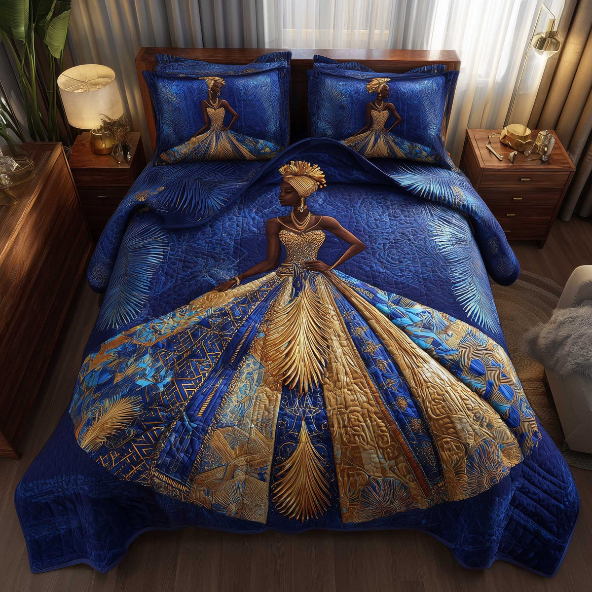 Golden Queens quilted 3-piece bedding set on a made bed with two matching pillow shams