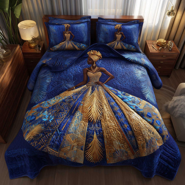Golden Queens quilted 3-piece bedding set on a made bed with two matching pillow shams