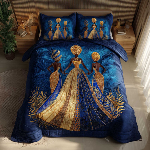 Golden Queens quilted 3-piece bedding set on a made bed with two matching pillow shams