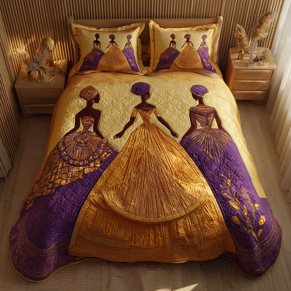 Golden Queens quilted 3-piece bedding set on a made bed with two matching pillow shams