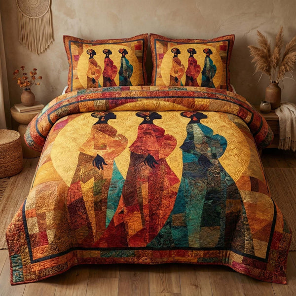 Golden Queens quilted 3-piece bedding set on a made bed with two matching pillow shams