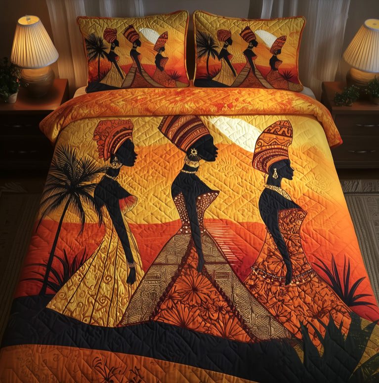 Golden Queens quilted 3-piece bedding set on a made bed with two matching pillow shams