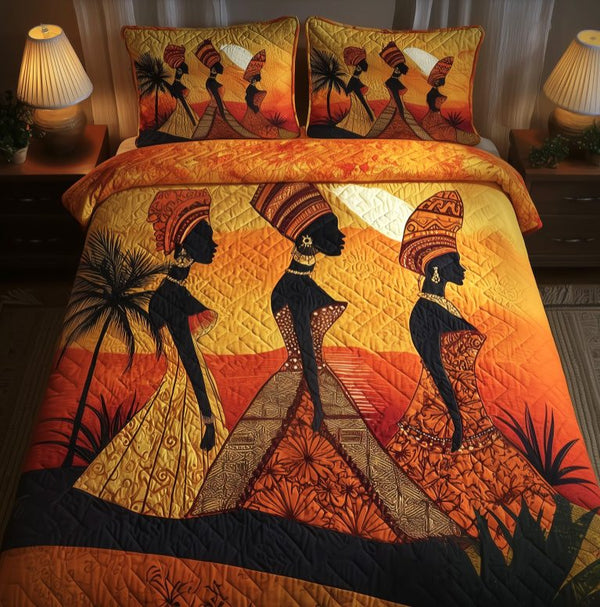 Golden Queens quilted 3-piece bedding set on a made bed with two matching pillow shams