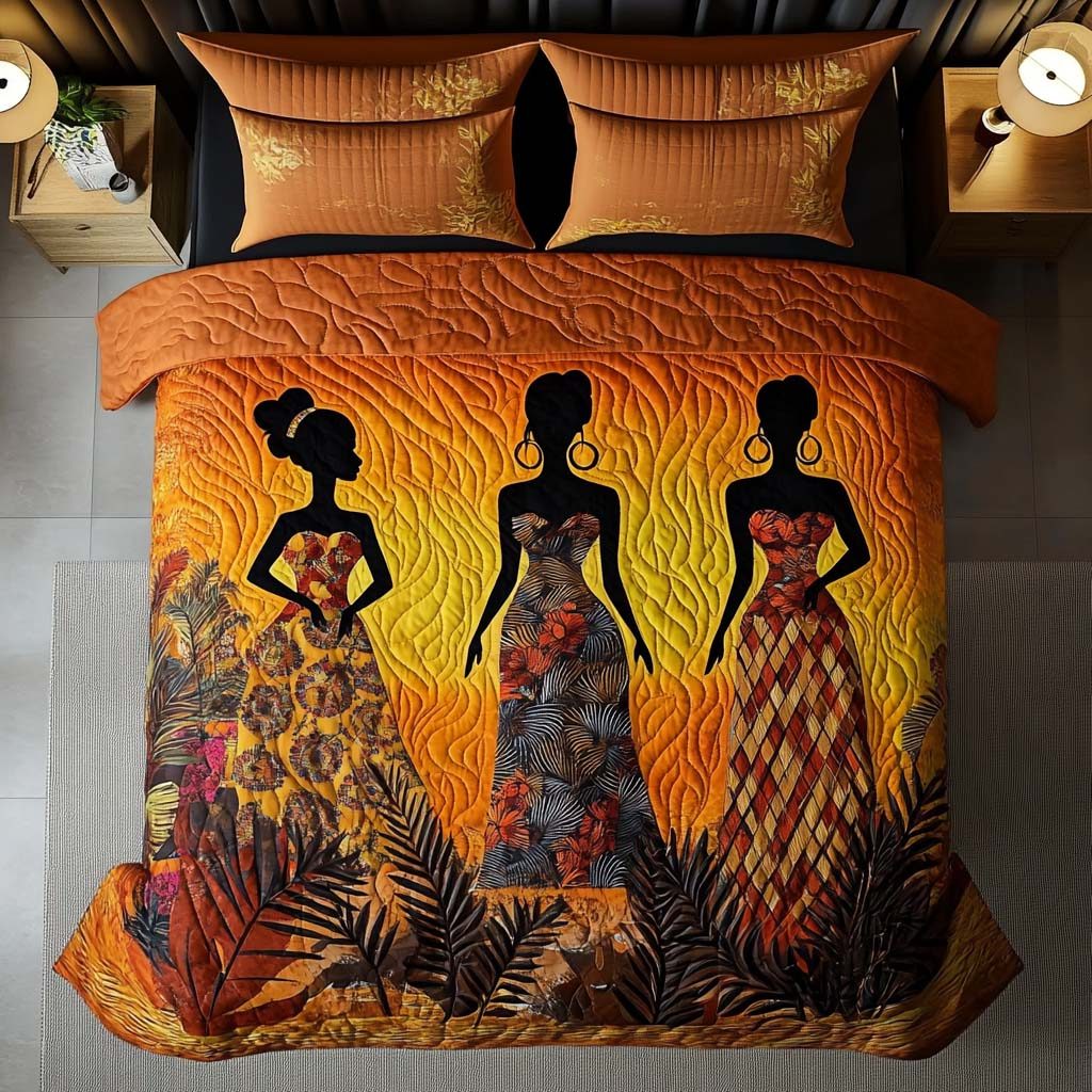 Golden Queens quilted 3-piece bedding set on a made bed with two matching pillow shams