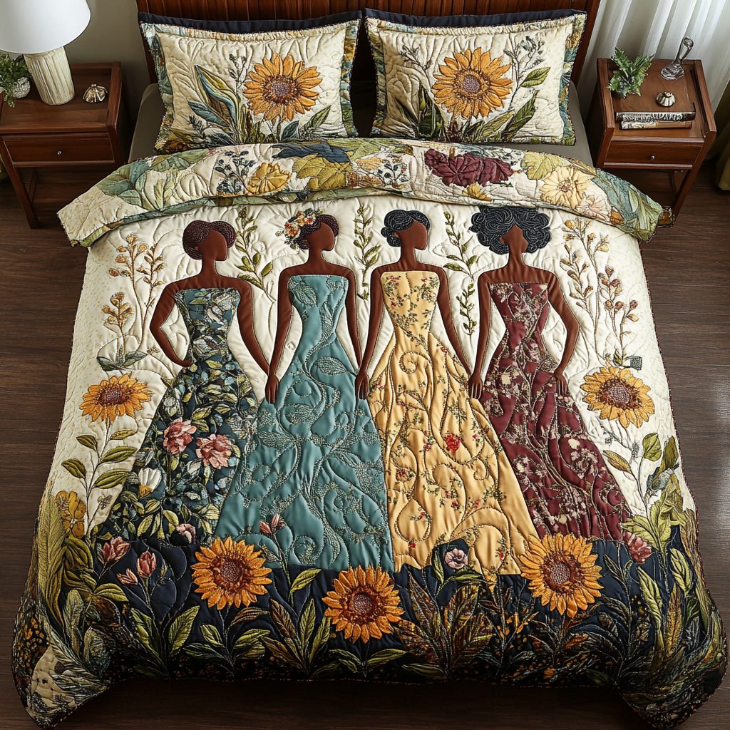 Golden Queens quilted 3-piece bedding set on a made bed with two matching pillow shams