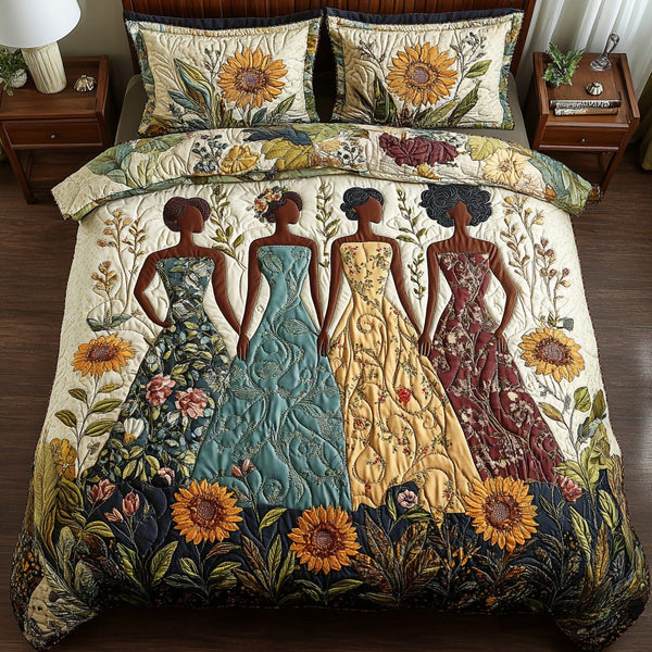 Golden Queens quilted 3-piece bedding set on a made bed with two matching pillow shams