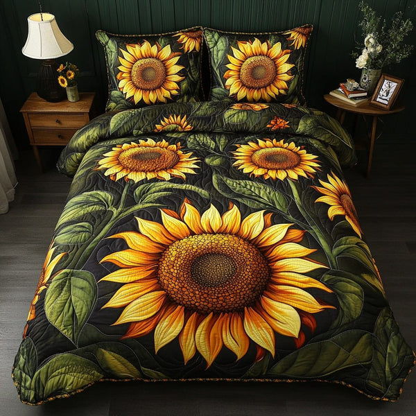 Golden Radiance quilted 3-piece bedding set on a made bed with two matching pillow shams