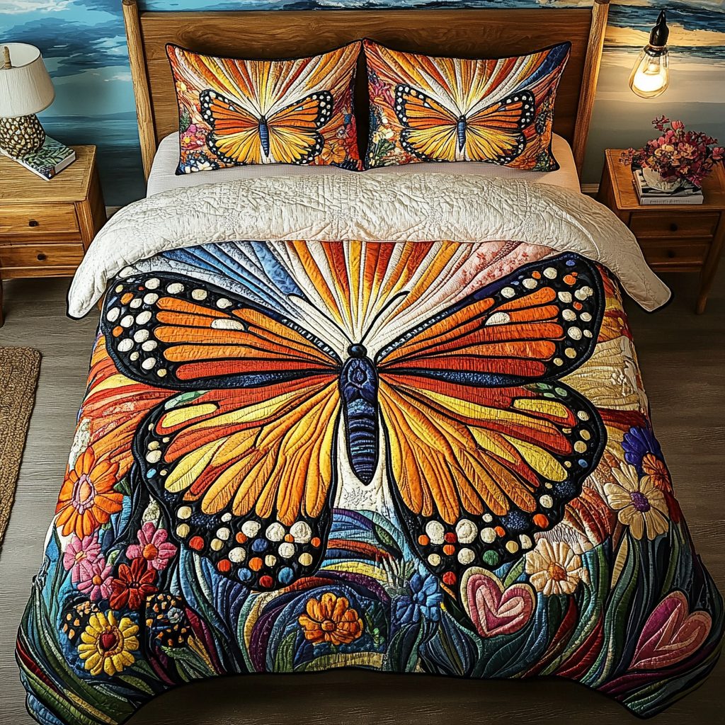 Golden Radiance quilted 3-piece bedding set on a made bed with two matching pillow shams