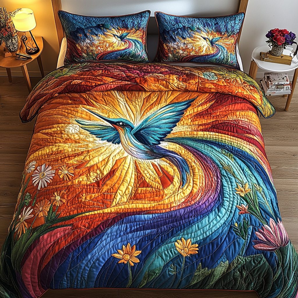 Golden Radiance quilted 3-piece bedding set on a made bed with two matching pillow shams