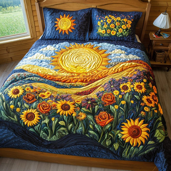 Golden Radiance quilted 3-piece bedding set on a made bed with two matching pillow shams