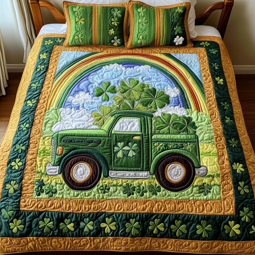 Golden Rainbow quilted 3-piece bedding set on a made bed with two matching pillow shams