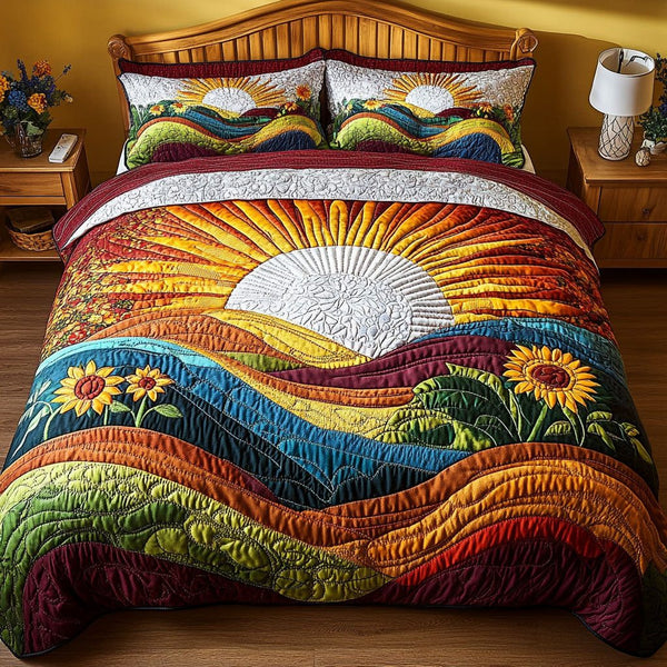 Golden Rays of Comfort quilted 3-piece bedding set on a made bed with two matching pillow shams