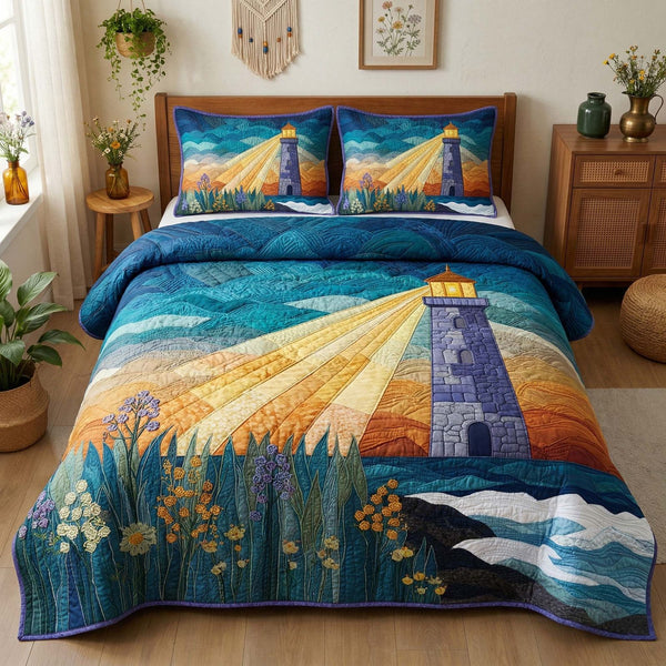 Golden Rays quilted 3-piece bedding set on a made bed with two matching pillow shams