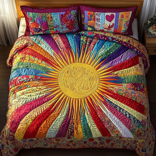 Golden Rays quilted 3-piece bedding set on a made bed with two matching pillow shams