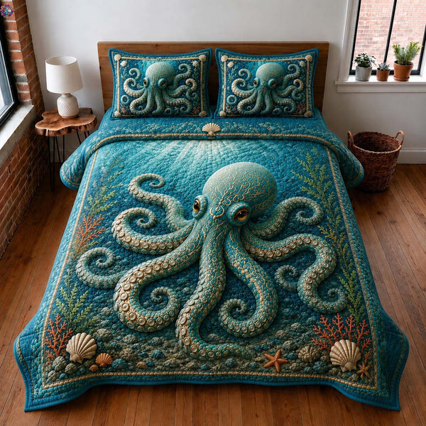 Golden Reef Octopus quilted 3-piece bedding set on a made bed in a light coastal bedroom