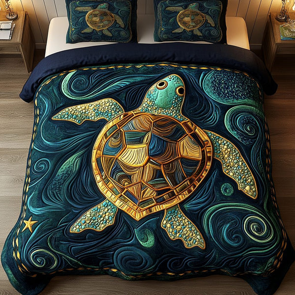 Golden Reef quilted 3-piece bedding set on a made bed in a light coastal bedroom