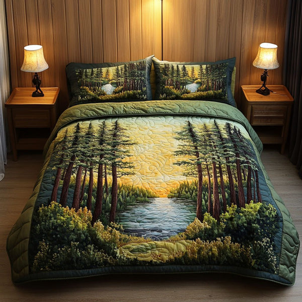 Golden Reflection quilted 3-piece bedding set on a made bed with two matching pillow shams