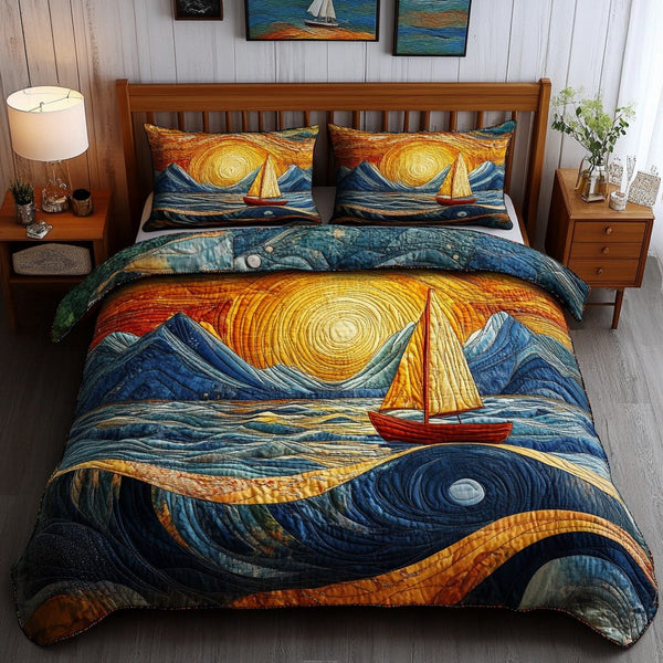 Golden Reflection quilted 3-piece bedding set on a made bed with two matching pillow shams