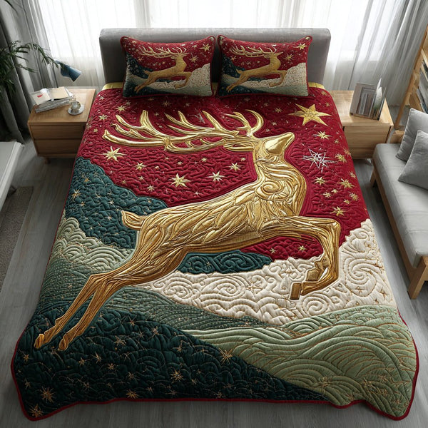 Golden Reindeer Night quilted 3-piece bedding set on a made bed in a winter-styled bedroom