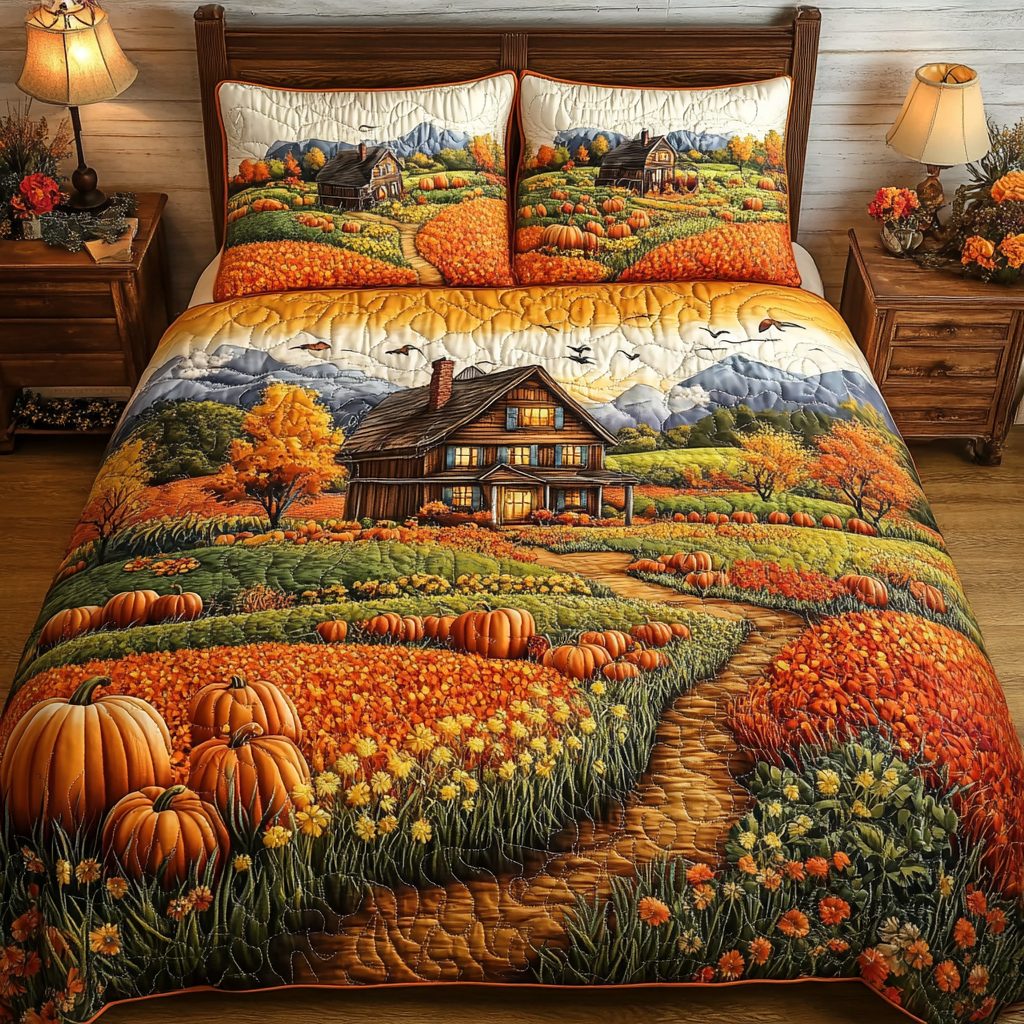 Golden Retreat quilted 3-piece bedding set on a made bed with two matching pillow shams